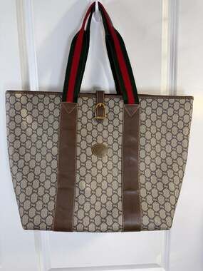 Authentic Vintage Gucci Plus GG Monogram Sherry Line Web Tote Bag